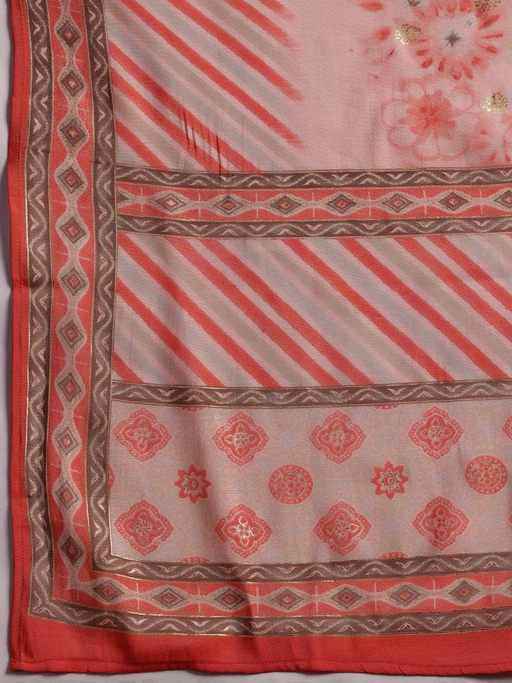 Plus Size Peach Printed Silk Blend Straight Suit With Dupatta
