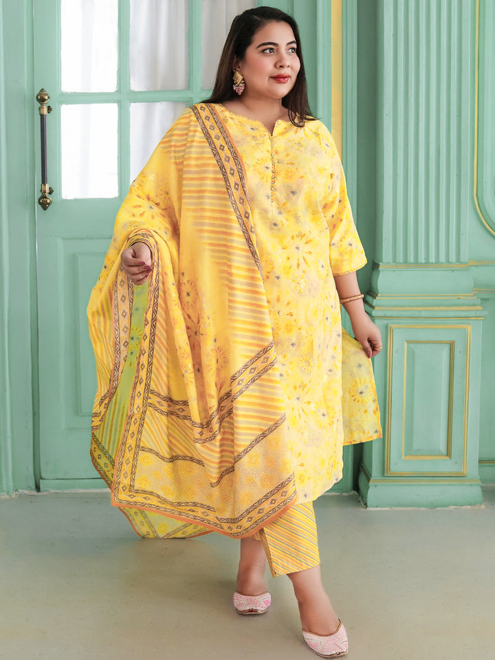 Plus Size Yellow Printed Silk Blend Straight Suit With Dupatta
