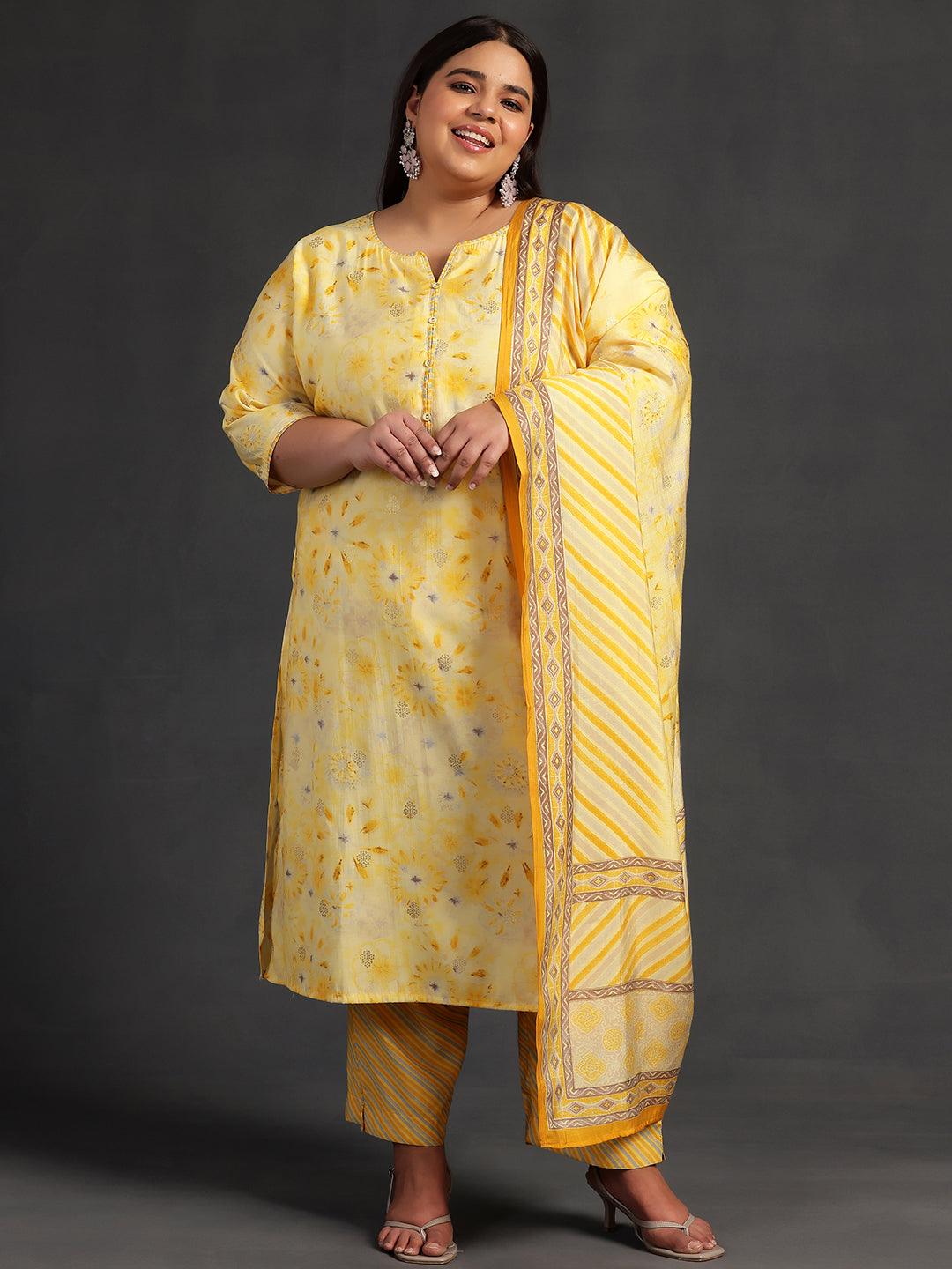 Plus Size Yellow Printed Silk Blend Straight Kurta With Trousers & Dupatta - ShopLibas 
