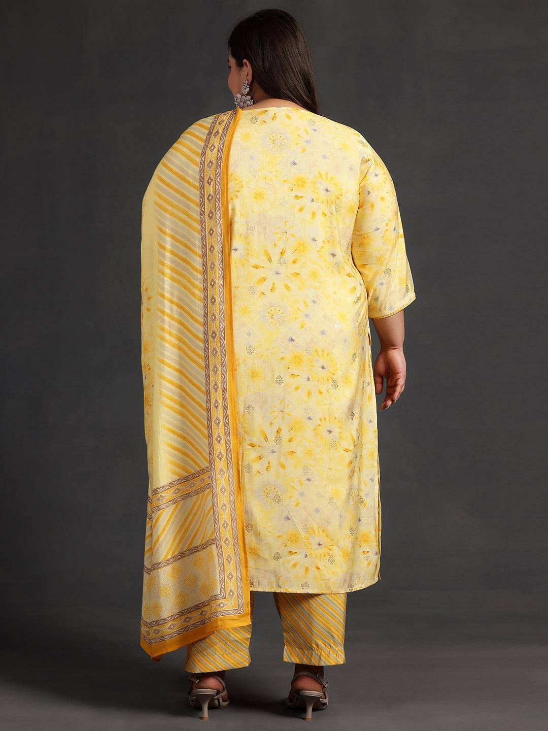 Plus Size Yellow Printed Silk Blend Straight Kurta With Trousers & Dupatta - ShopLibas 