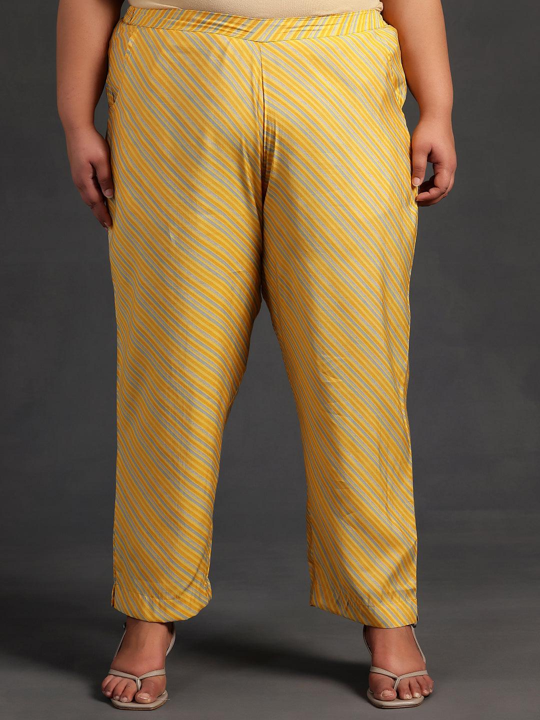 Plus Size Yellow Printed Silk Blend Straight Kurta With Trousers & Dupatta - ShopLibas 