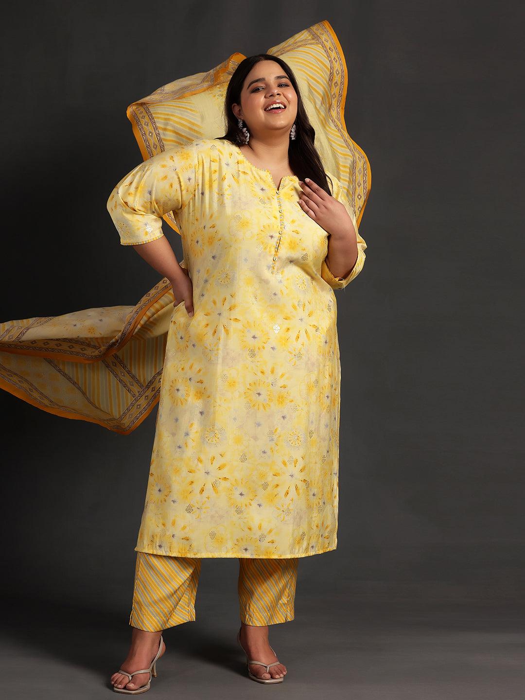 Plus Size Yellow Printed Silk Blend Straight Kurta With Trousers & Dupatta - ShopLibas