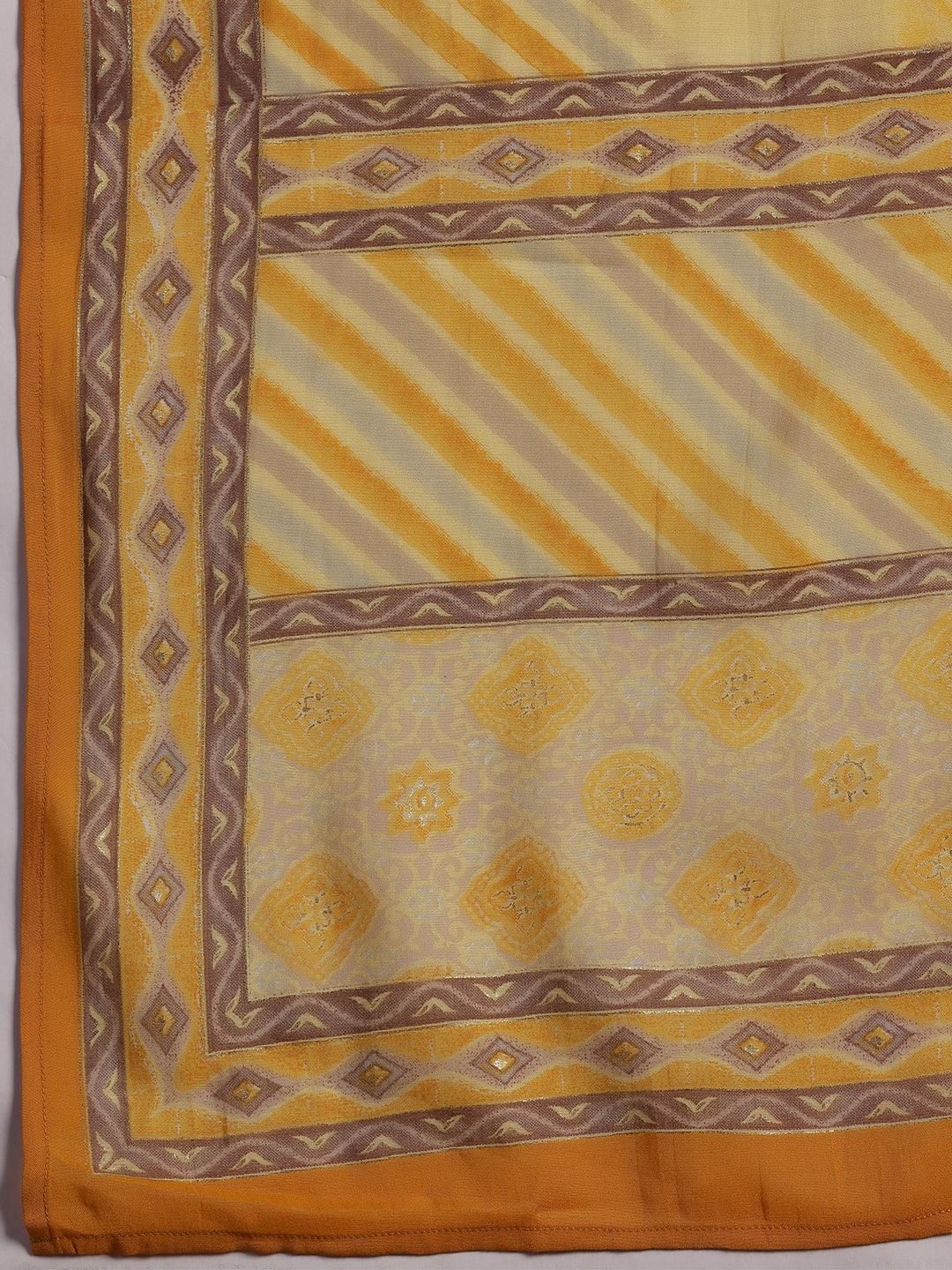 Plus Size Yellow Printed Silk Blend Straight Kurta With Trousers & Dupatta - ShopLibas 