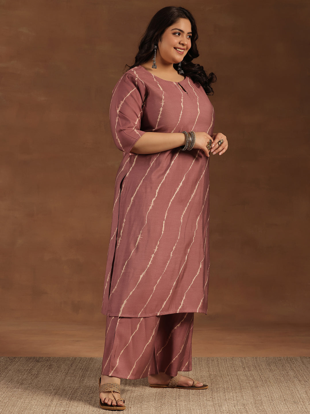 Plus Size Mauve Printed Silk Blend Straight Suit With Dupatta