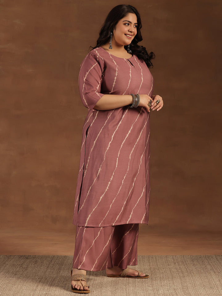 Plus Size Mauve Printed Silk Blend Straight Suit With Dupatta