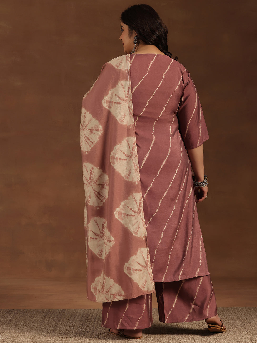 Plus Size Mauve Printed Silk Blend Straight Suit With Dupatta
