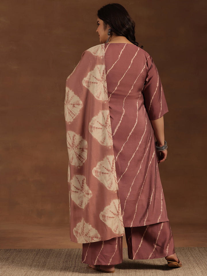Plus Size Mauve Printed Silk Blend Straight Suit With Dupatta
