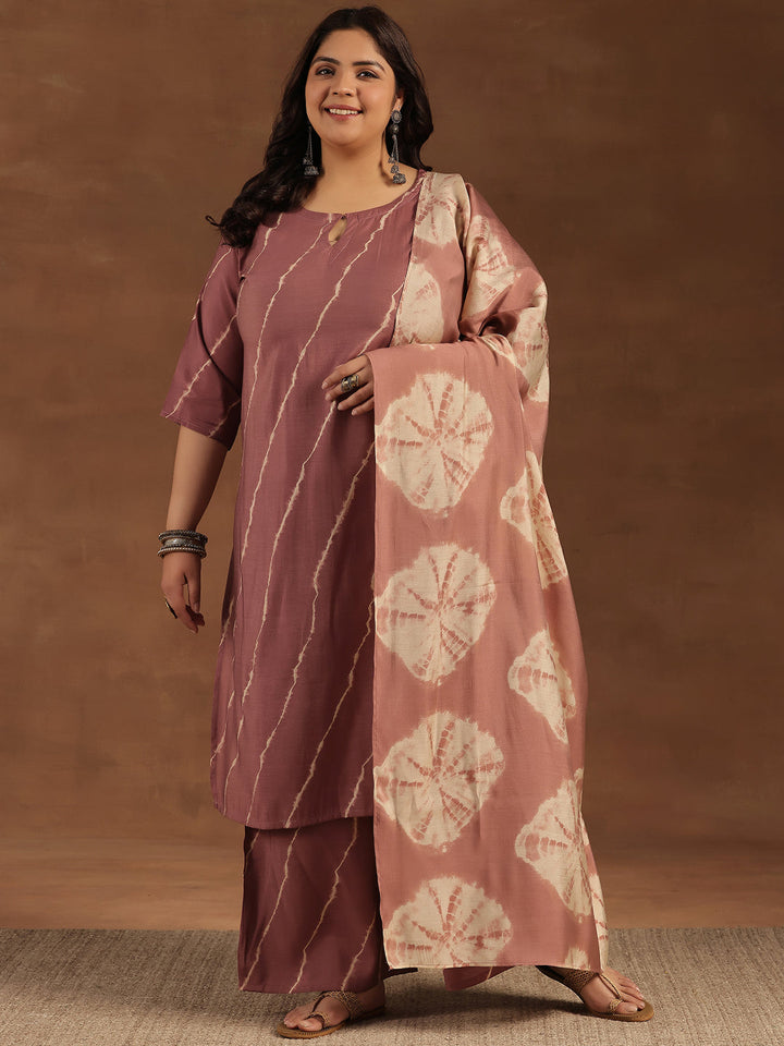 Plus Size Mauve Printed Silk Blend Straight Suit With Dupatta