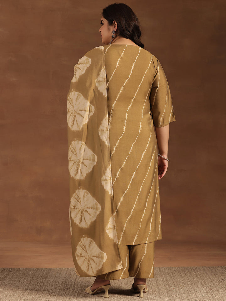Plus Size Olive Printed Silk Blend Straight Suit With Dupatta