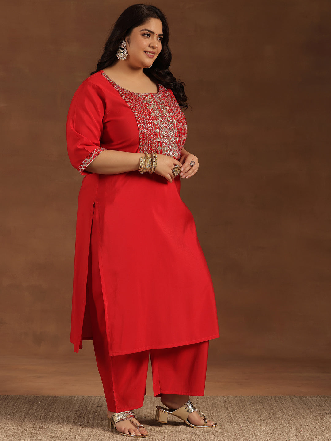 Plus Size Red Yoke Design Silk Blend Straight Suit With Dupatta