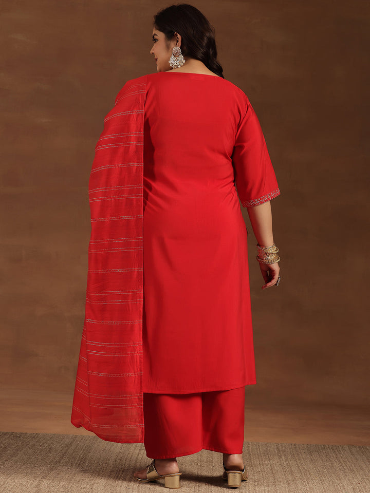 Plus Size Red Yoke Design Silk Blend Straight Suit With Dupatta
