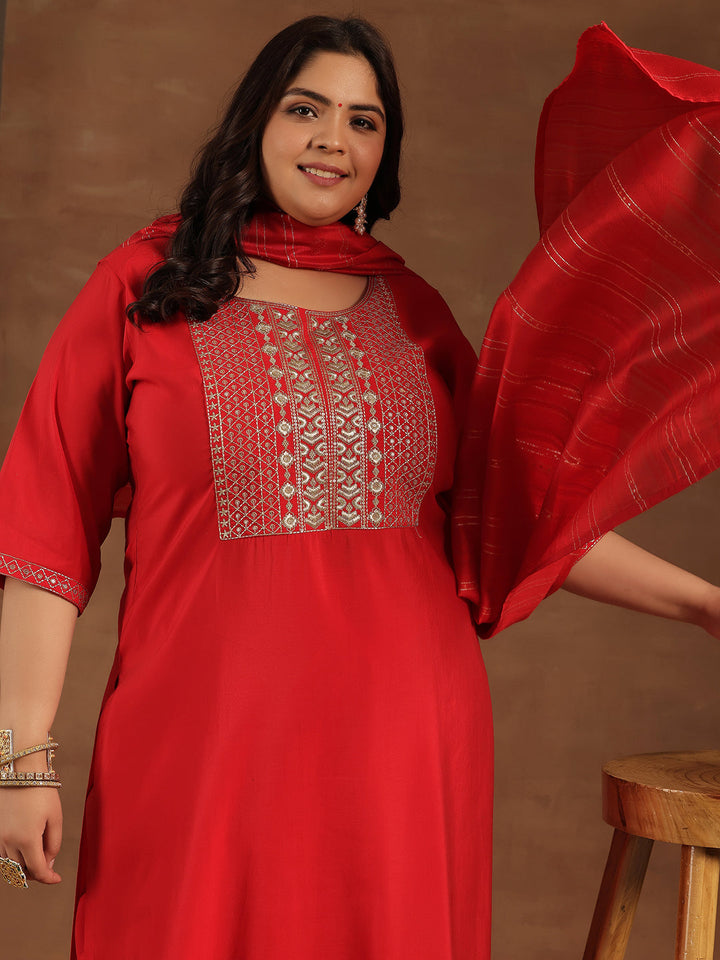 Plus Size Red Yoke Design Silk Blend Straight Suit With Dupatta