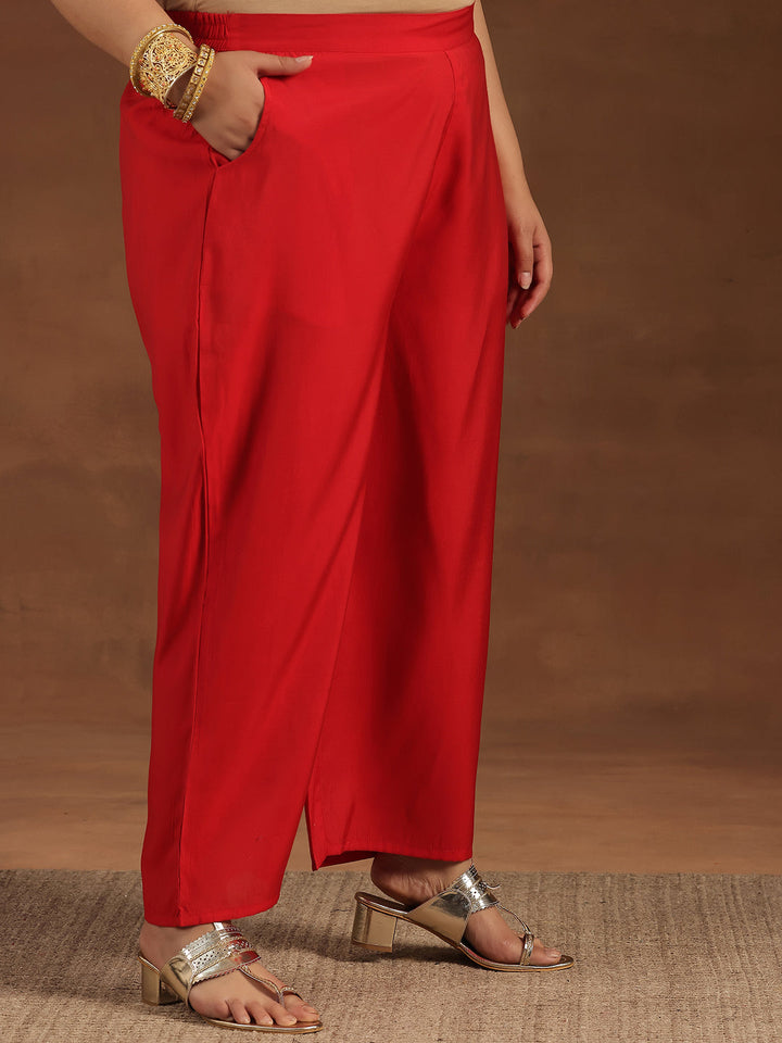 Plus Size Red Yoke Design Silk Blend Straight Suit With Dupatta