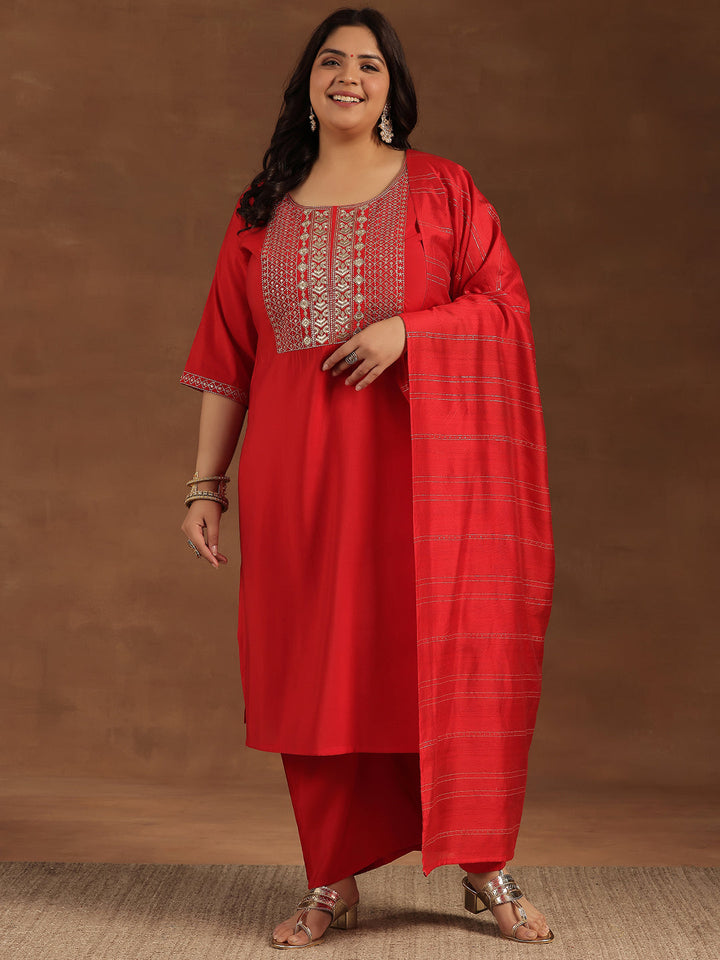 Plus Size Red Yoke Design Silk Blend Straight Suit With Dupatta