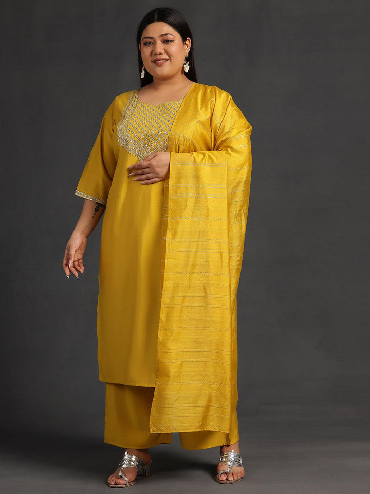 Plus Size Mustard Yoke Design Silk Blend Straight Suit With Dupatta