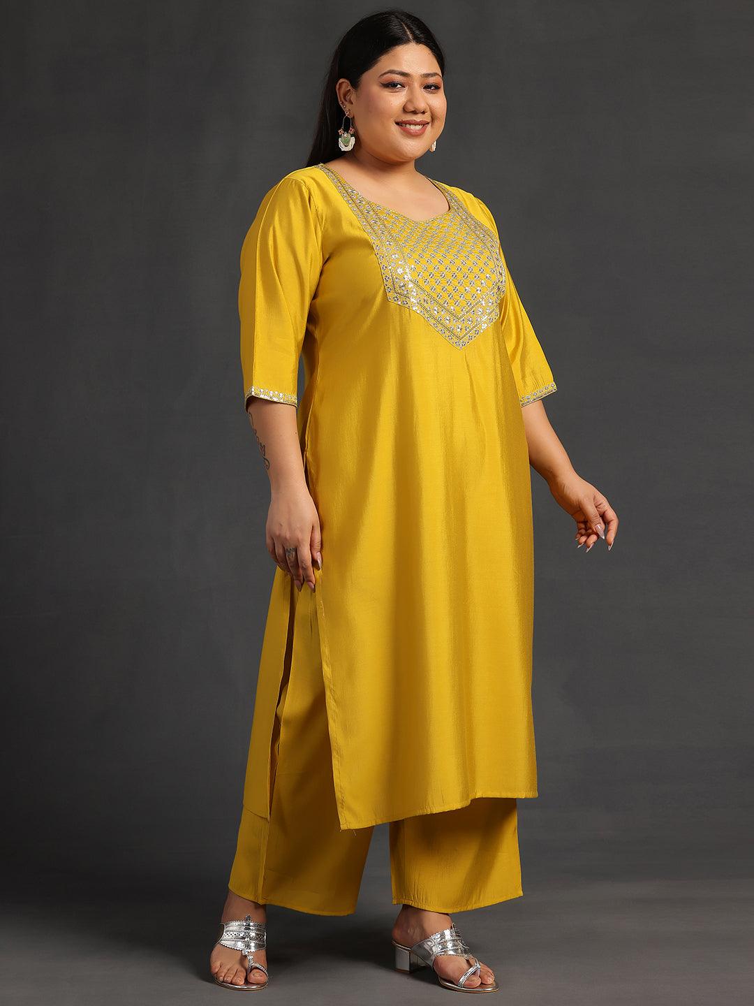 Plus Size Mustard Yoke Design Silk Blend Straight Suit With Dupatta