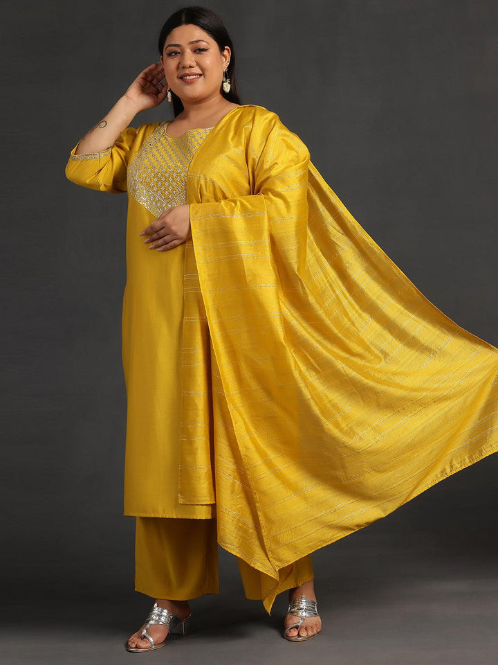 Plus Size Mustard Yoke Design Silk Blend Straight Suit With Dupatta