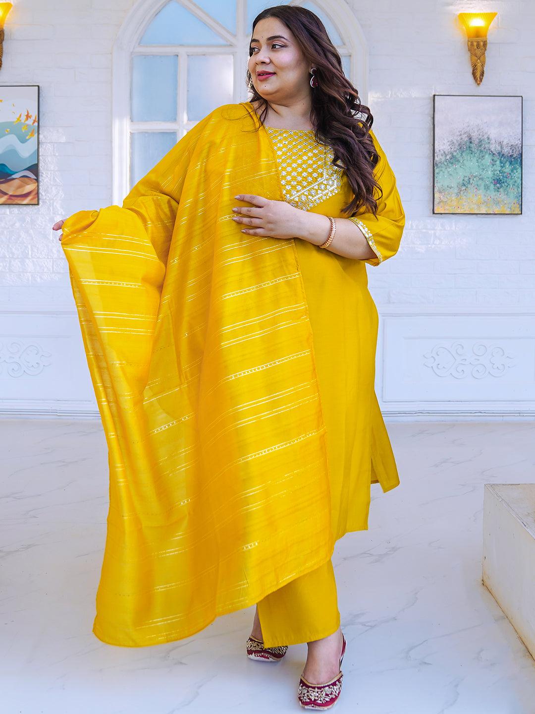 Plus Size Mustard Yoke Design Silk Blend Straight Suit With Dupatta