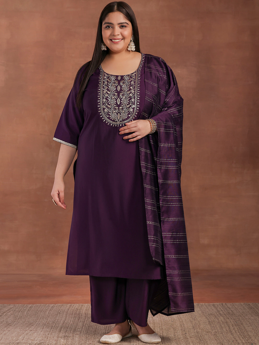 Plus Size Purple Yoke Design Silk Blend Straight Suit With Dupatta
