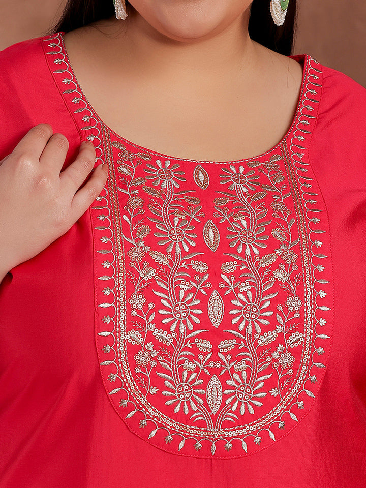 Plus Size Pink Yoke Design Silk Blend Straight Suit With Dupatta