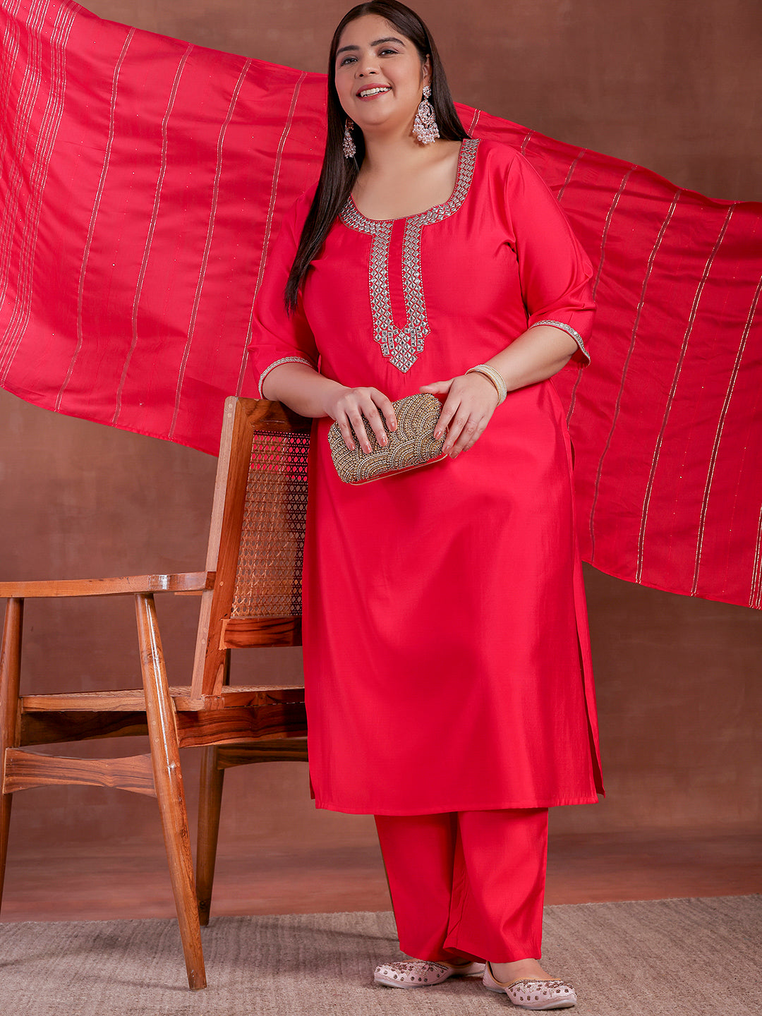 Plus Size Pink Embroidered Silk Blend Straight Suit With Dupatta