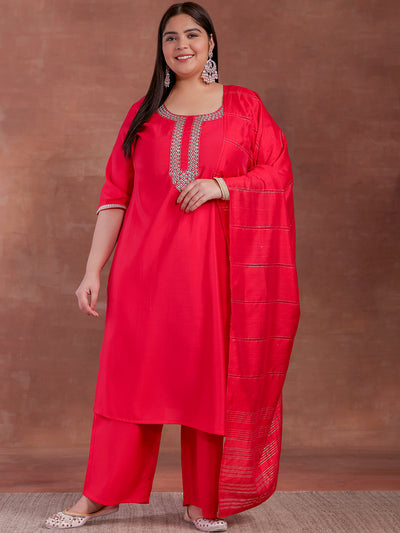 Plus Size Pink Embroidered Silk Blend Straight Suit With Dupatta