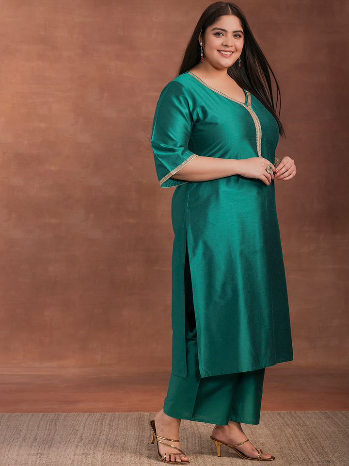 Plus Size Green Solid Silk Blend Straight Suit With Dupatta
