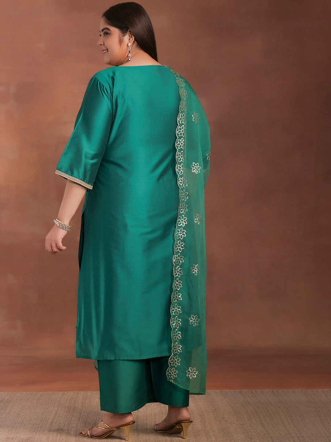 Plus Size Green Solid Silk Blend Straight Suit With Dupatta