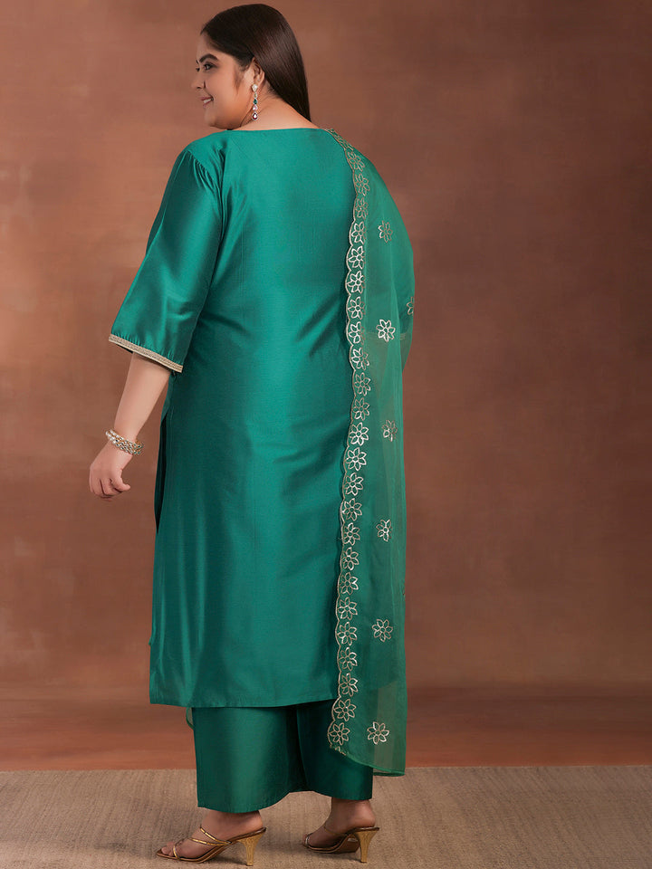 Plus Size Green Solid Silk Blend Straight Suit With Dupatta