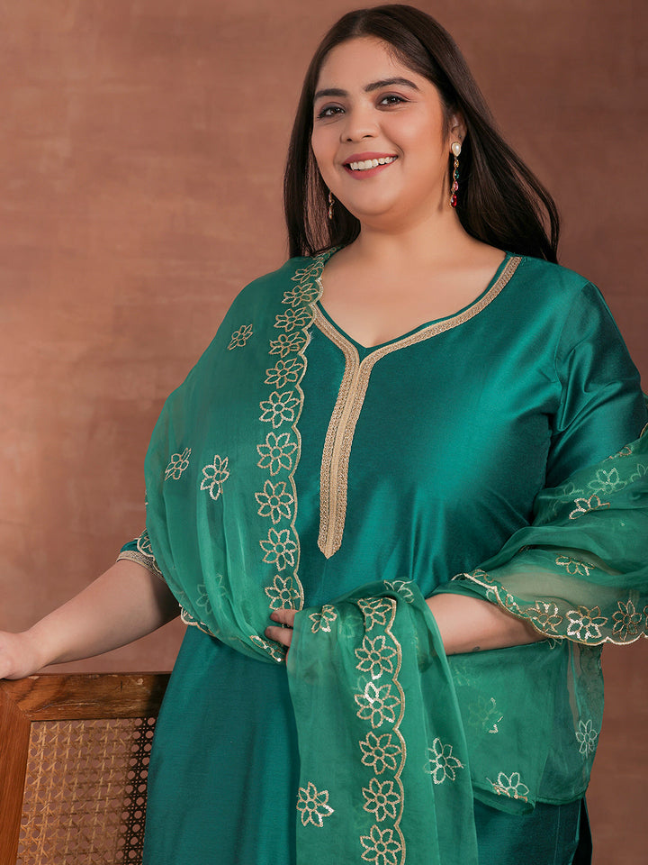 Plus Size Green Solid Silk Blend Straight Suit With Dupatta