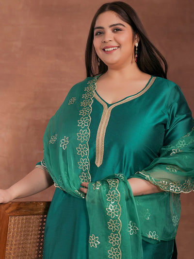 Plus Size Green Solid Silk Blend Straight Suit With Dupatta