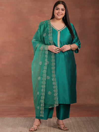 Plus Size Green Solid Silk Blend Straight Suit With Dupatta