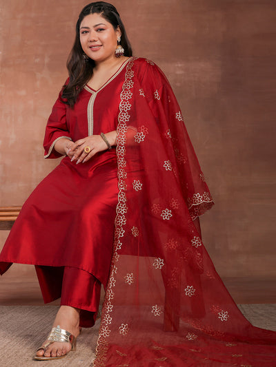 Plus Size Maroon Solid Silk Blend Straight Suit With Dupatta