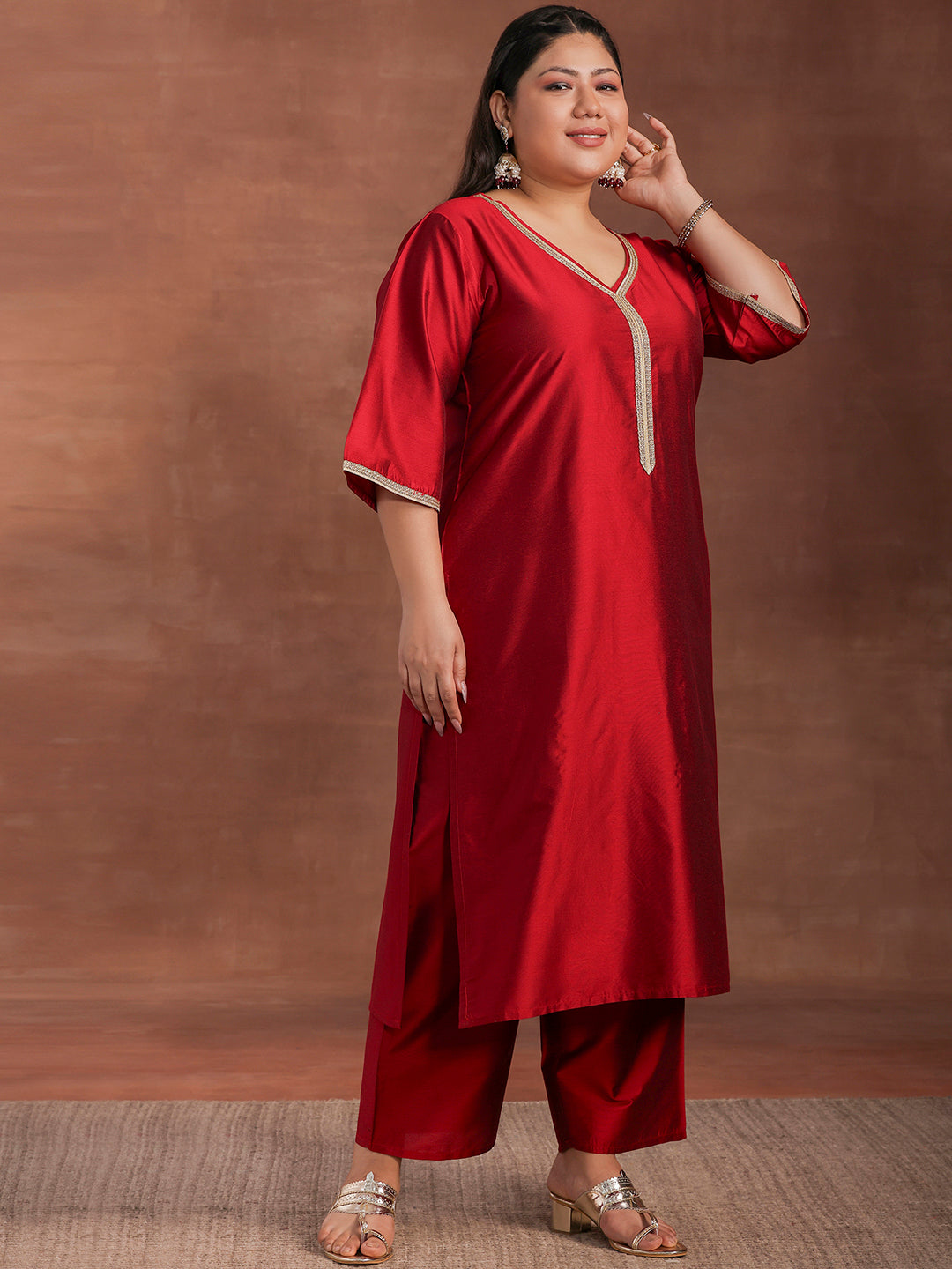 Plus Size Maroon Solid Silk Blend Straight Suit With Dupatta
