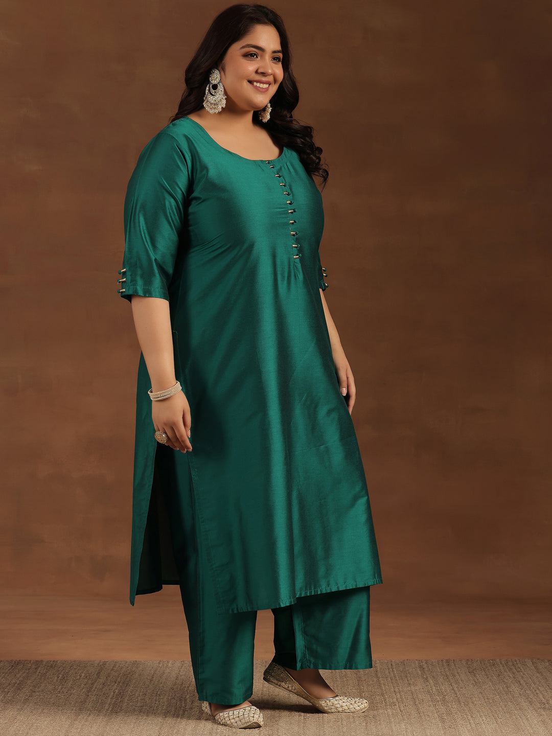 Plus Size Green Solid Silk Blend Straight Suit With Dupatta