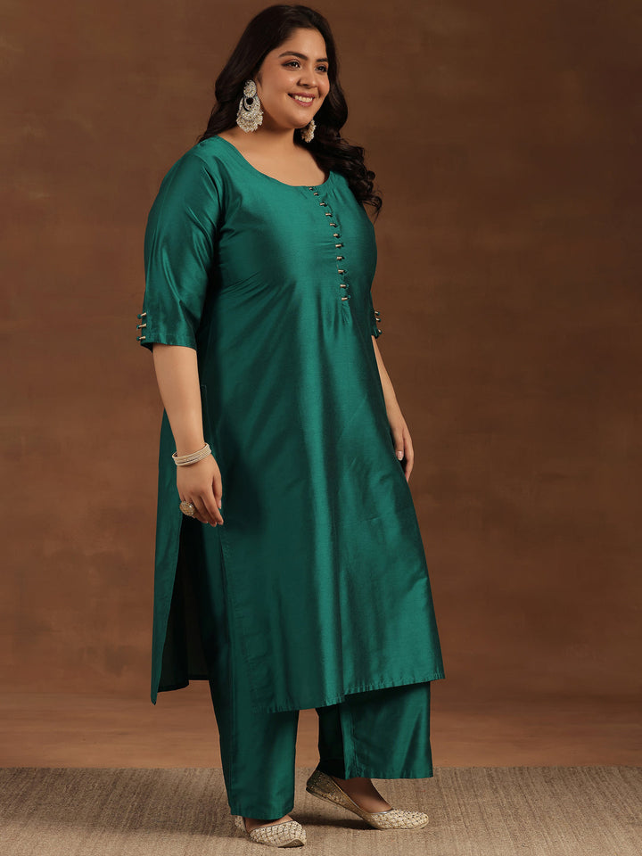 Plus Size Green Solid Silk Blend Straight Suit With Dupatta