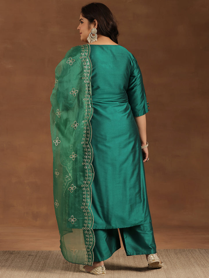 Plus Size Green Solid Silk Blend Straight Suit With Dupatta