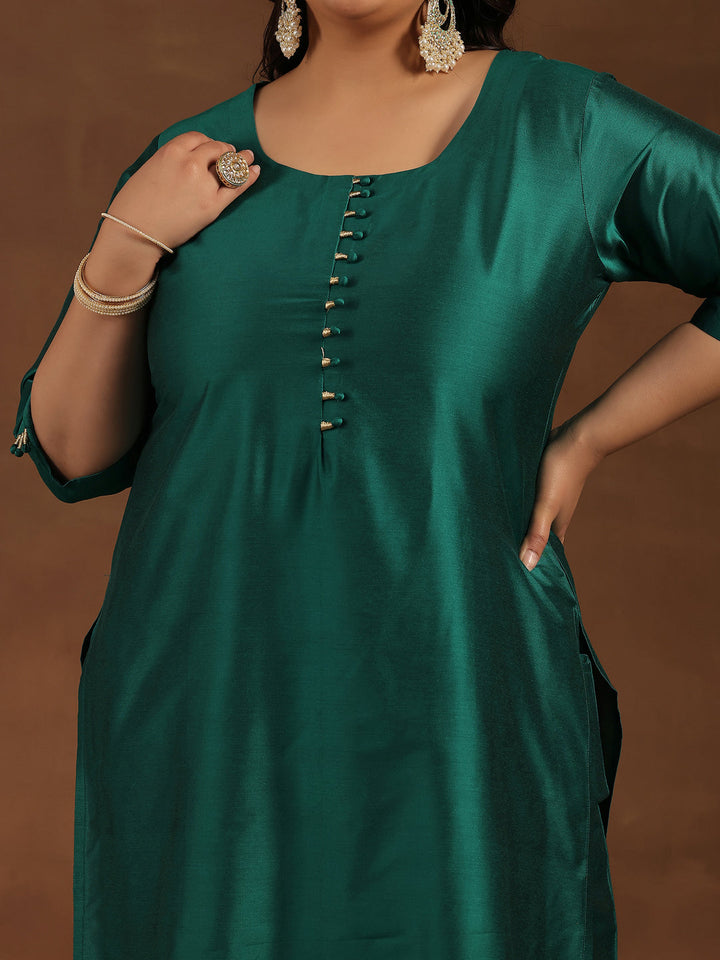 Plus Size Green Solid Silk Blend Straight Suit With Dupatta