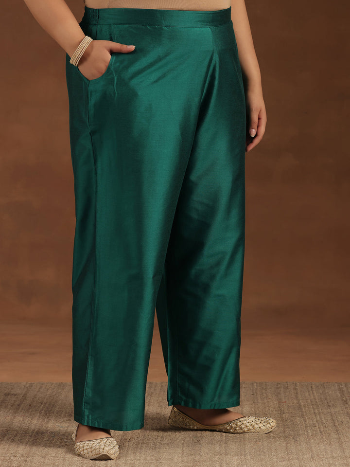 Plus Size Green Solid Silk Blend Straight Suit With Dupatta
