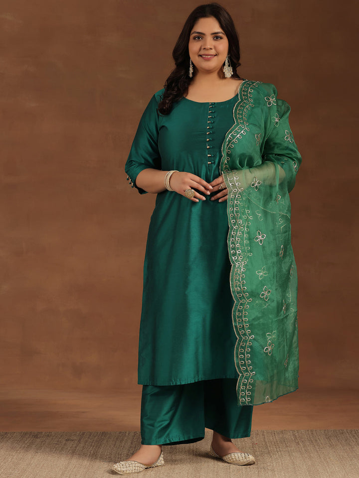 Plus Size Green Solid Silk Blend Straight Suit With Dupatta
