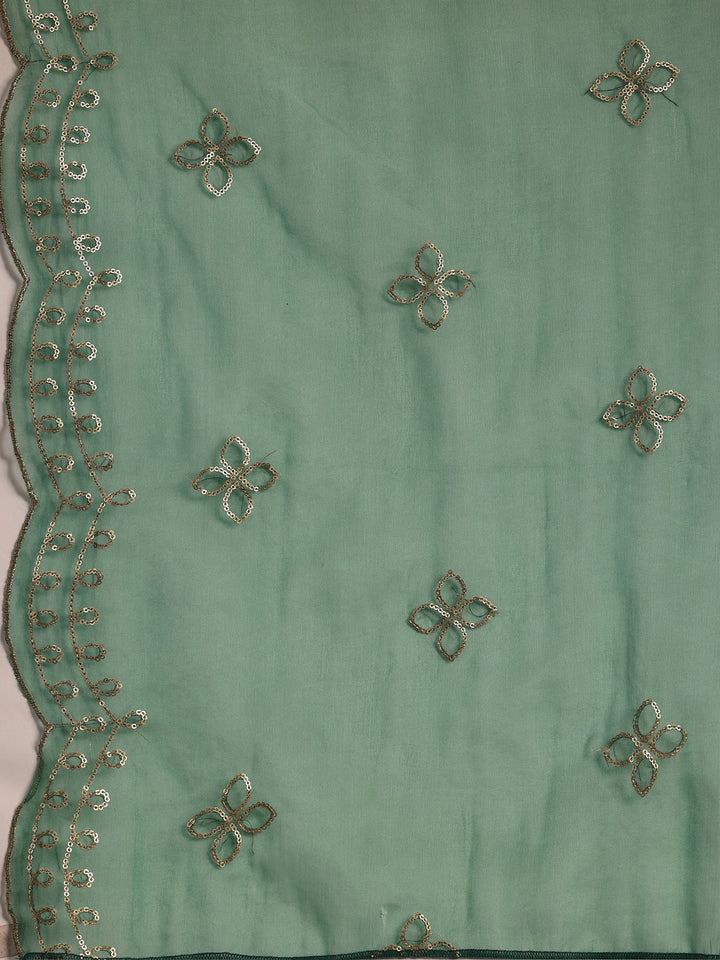 Plus Size Green Solid Silk Blend Straight Suit With Dupatta
