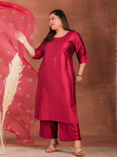 Plus Size Magenta Solid Silk Blend Straight Suit With Dupatta