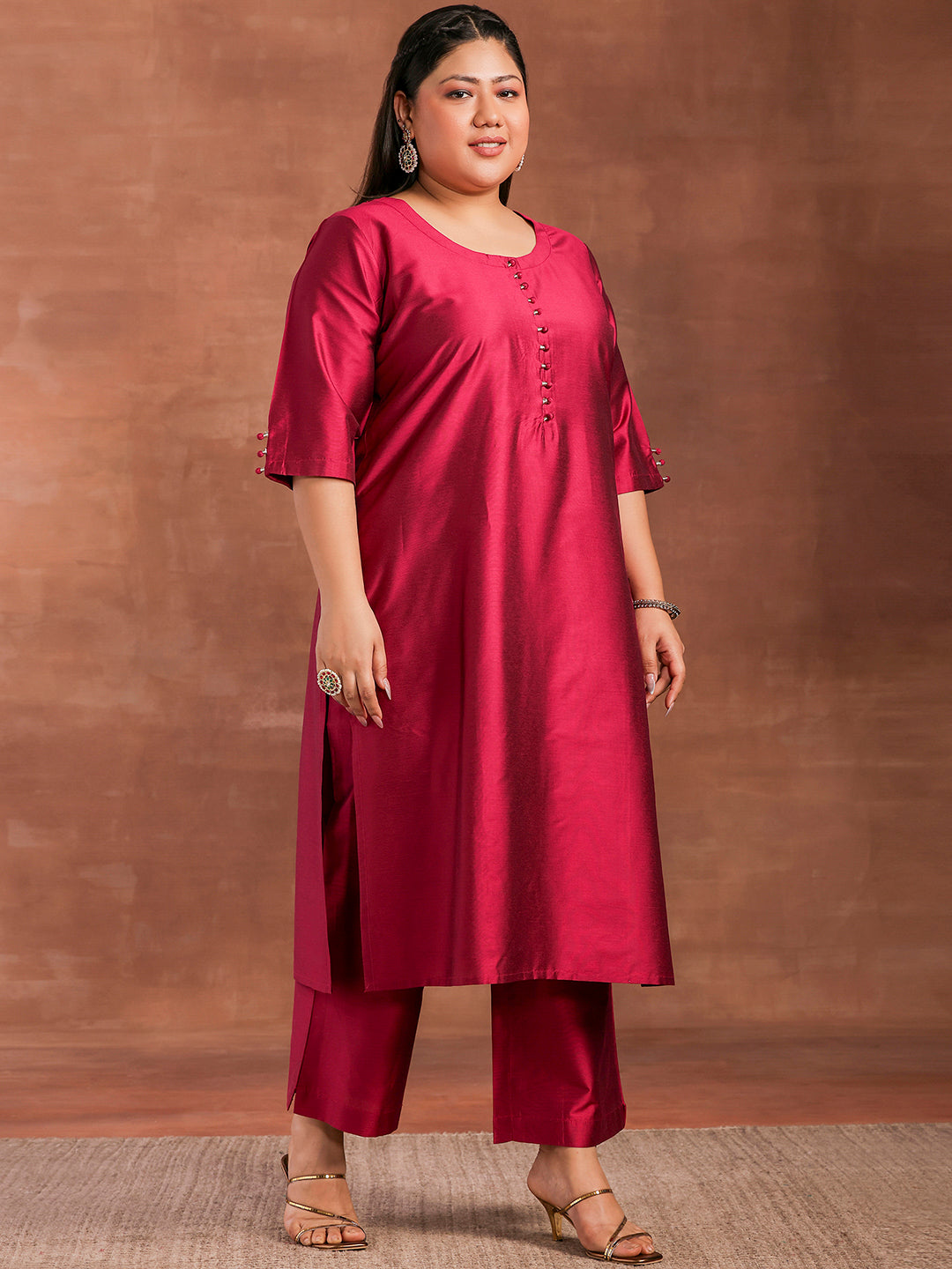 Plus Size Magenta Solid Silk Blend Straight Suit With Dupatta