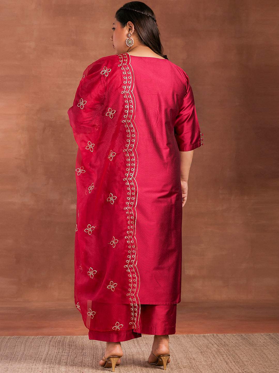 Plus Size Magenta Solid Silk Blend Straight Suit With Dupatta