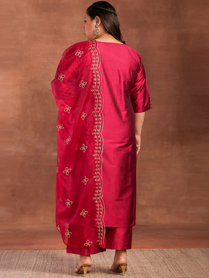 Plus Size Magenta Solid Silk Blend Straight Suit With Dupatta