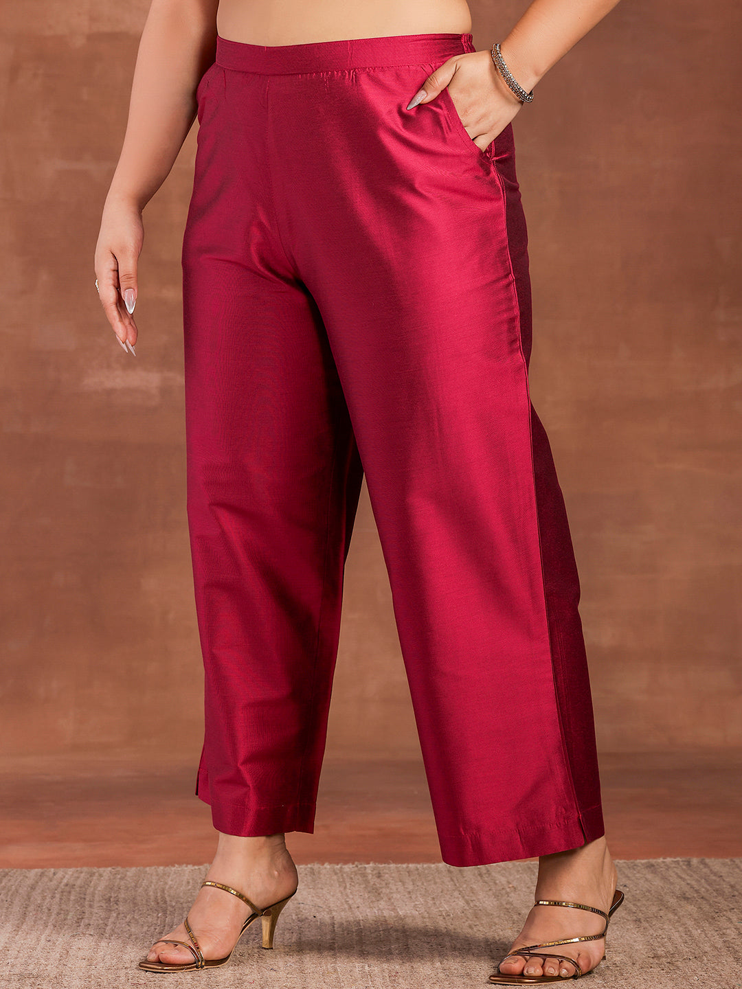 Plus Size Magenta Solid Silk Blend Straight Suit With Dupatta