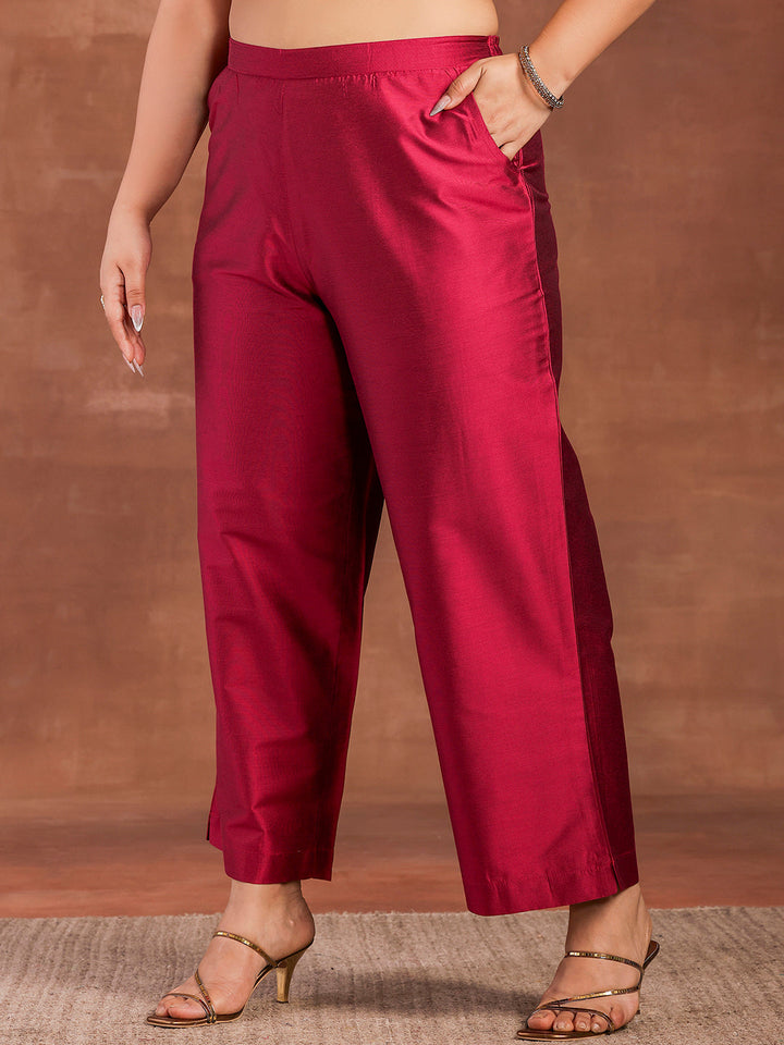 Plus Size Magenta Solid Silk Blend Straight Suit With Dupatta