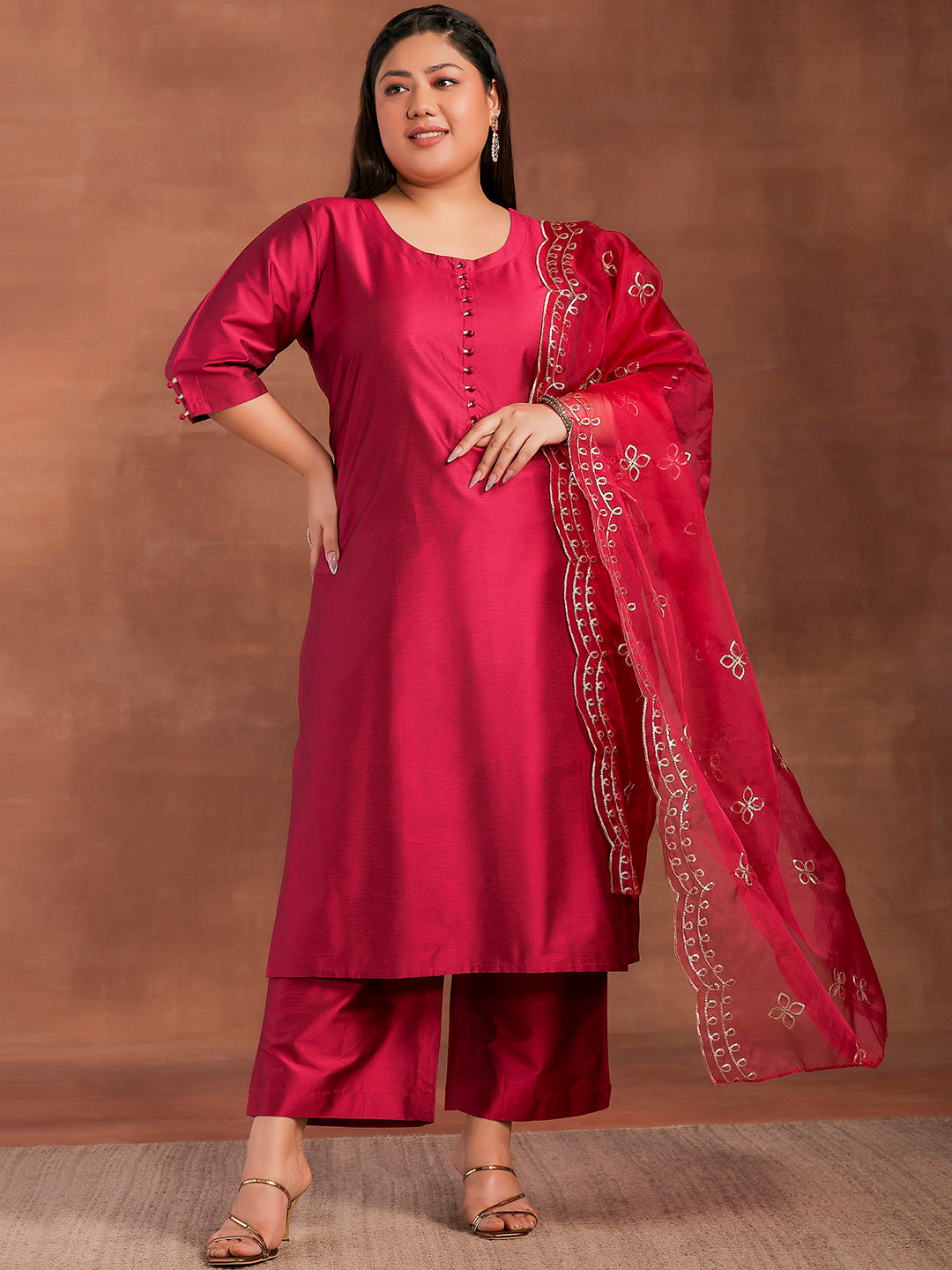 Plus Size Magenta Solid Silk Blend Straight Suit With Dupatta