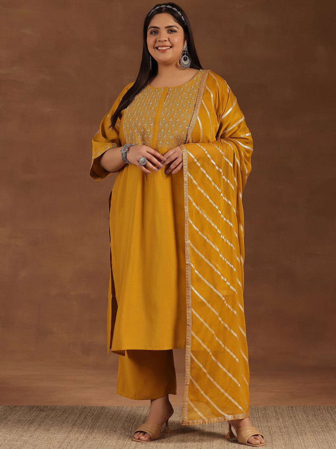 Plus Size Mustard Solid Silk Blend Straight Suit With Dupatta