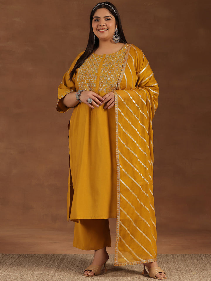 Plus Size Mustard Solid Silk Blend Straight Suit With Dupatta